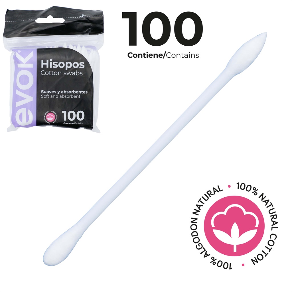 HISOPOS DE ALGODON NATURAL SUAVES Y ABSORBENTES 100 unds.