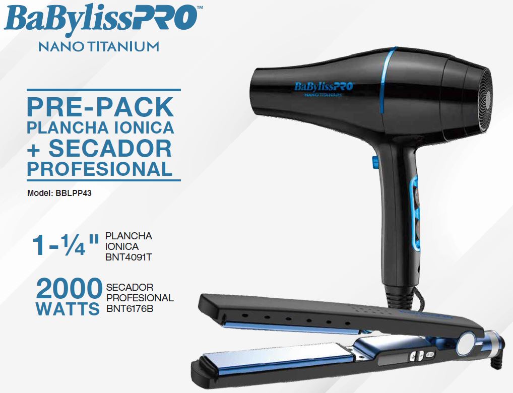 BaBylissPRO® COMBO BLOWER  2000 PLANCHA 4091 Nano Titanium™ BLACK BLUE