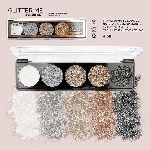 [EV-5SP-4] PALETA DE SOMBRAS GLITTER ME SUNSET SKY 5 TONOS MAXCOLOR - CAJA DE 96 UNIDS