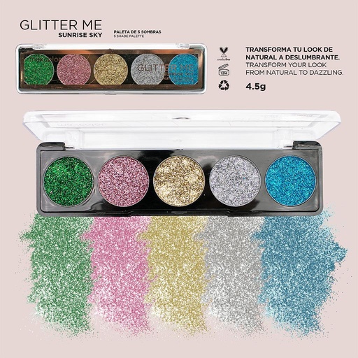 [EV-5SP-1] PALETA DE SOMBRAS GLITTER ME SUNRISE SKY 5 TONOS MAXCOLOR - CAJA DE 96 UNIDS